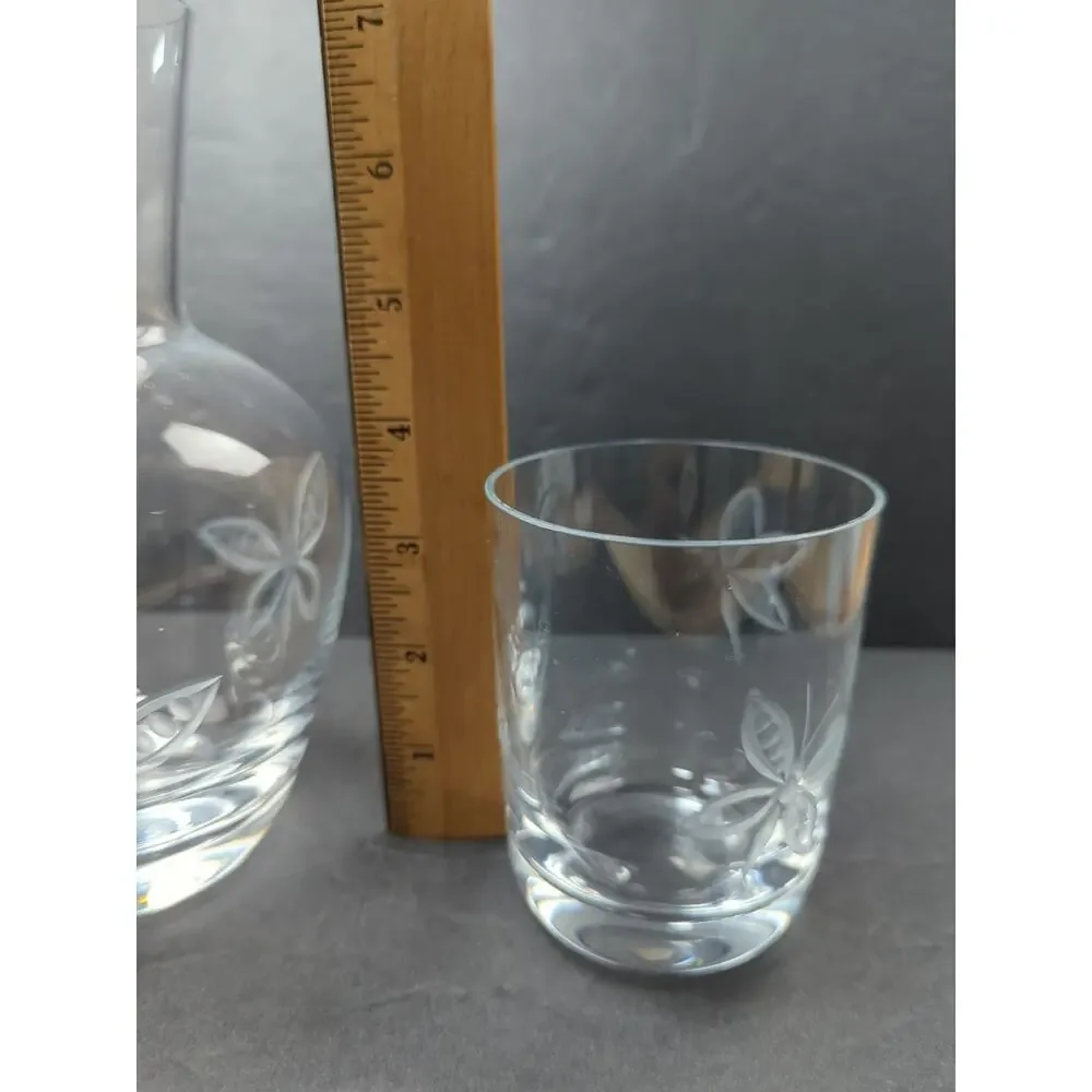 VTG‎ Glass Tumble Up Etched ButterfliesPitcher &Glass Bedside Water Carafe 7 IN